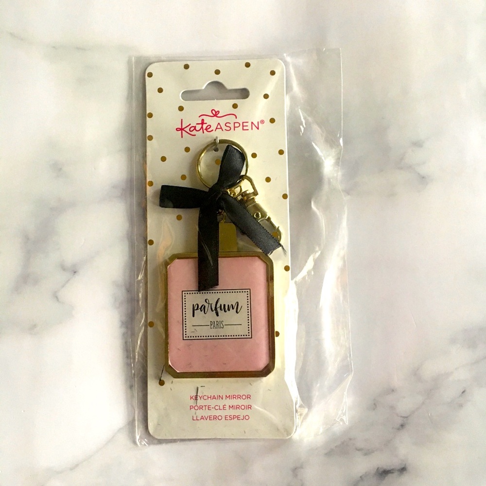 Bag Charm/Keychain Mirrored Parfum Paris Keychain with Black Bow Accent.